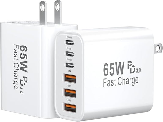 USB C Fast Charger Block, 65W GaN 6 Port USB C Wall Charger 30W Type C Charging Blocks, 3USB C+3USB A PPS/PD 3.0 Multiport Charging Cube for iPhone 17 16 15 14 Pro Max,for Galaxy S25 S24, iPad, 2 Pack