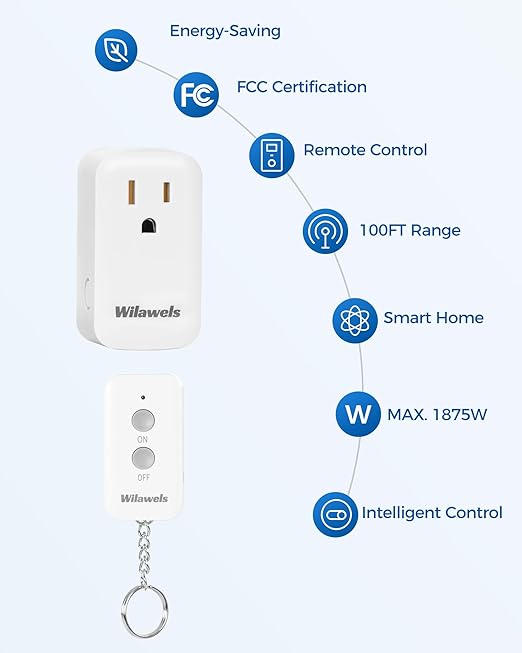 Remote Control Outlet Plug Wireless On Off Power Switch, WILAWELS Wireless Remote Light Switch for Lamp, Light, Fan, Programmable, Compact, 100ft RF Range, FCC Listed, Battery Included W02RC1106