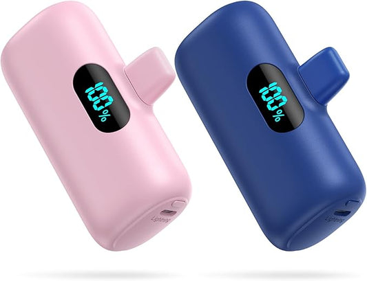 [2 Pack] Small Portable Charger for iPhone,Upgraded 5000mAh PD Fast Charging Power Bank, LCD Display Cute Mini Battery Pack Compatible with iPhone 14/14 Pro Max/13/13 Pro/12 Pro/11/XR/X/8,Blue+Pink