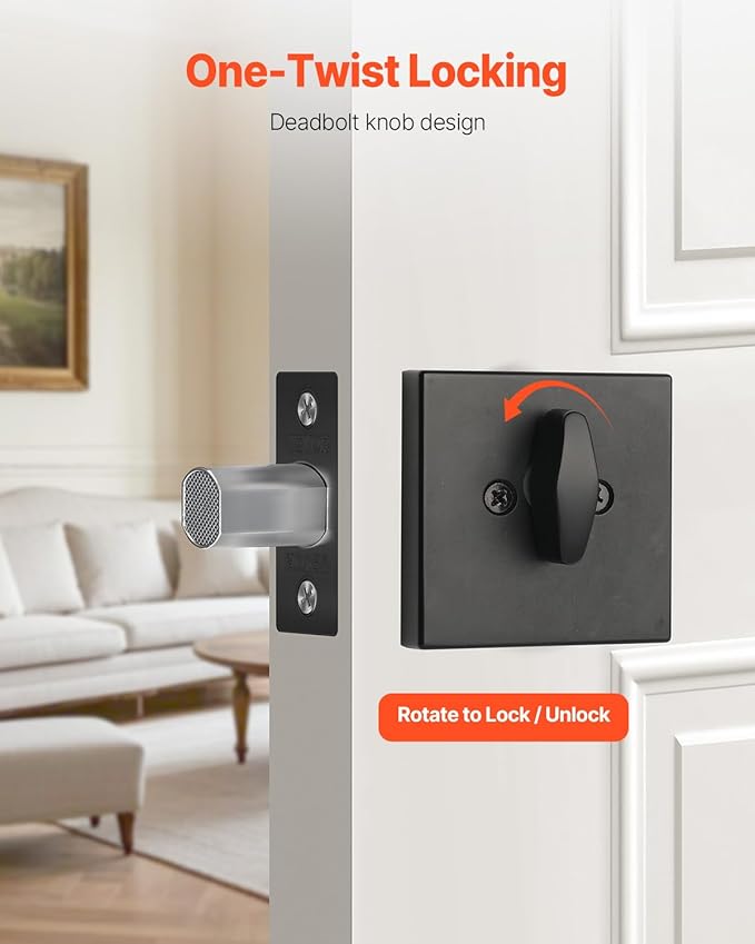 VEVOR Deadbolt Lock, Square Single Cylinder Dead Bolt, Keyed 1 Side, Fits Standard Size Interior and Exterior Doors, Full Metal, with 3 Keys, for Front Entry Door Residential Security, Matte Black