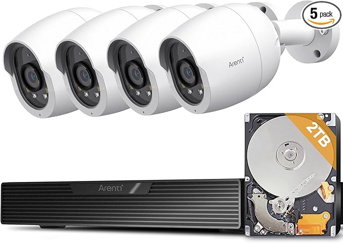 ARENTI 8MP PoE IP Camera Outdoor, 4K Bullet Surveillance Cameras for Home Security, Human/Vehicle/Pet/Package Detection, 4Pack POE Security Cameras Wired, H.265 8CH NVR with 2TB HDD for 24/7 Recording