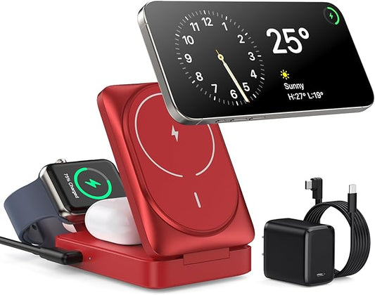 3-in-1 Wireless Charger Charging Station for iPhone, 15W Fast Charging Foldable Magnetic Charger Stand with 30W USB C Adapter for MagSafe iPhone 16/15/14/13/12, Apple Watch, AirPods