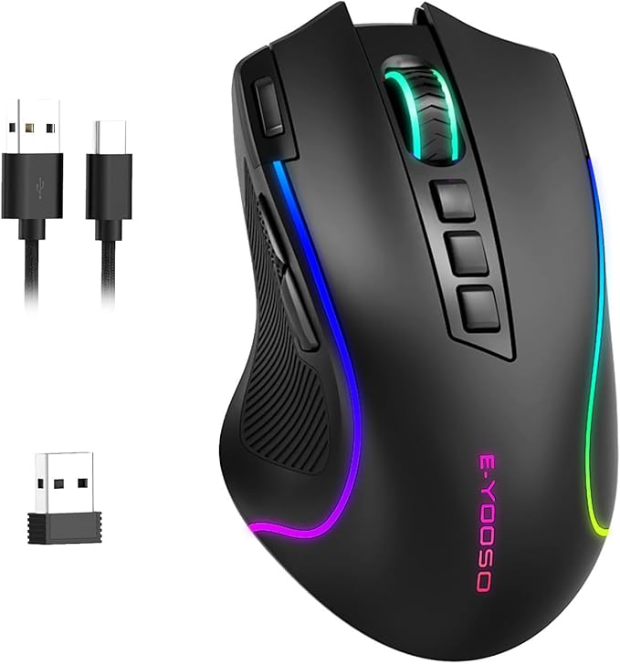 E-YOOSO Gaming Mouse, Tri-Modes Wireless/Bluetooth/Wired Rechargeable RGB Gamer Mouse with 2 Side Buttons, Rapid Fire Key, 8000 DPI, 6 Backlit Modes, 9 Programmable Buttons Macro