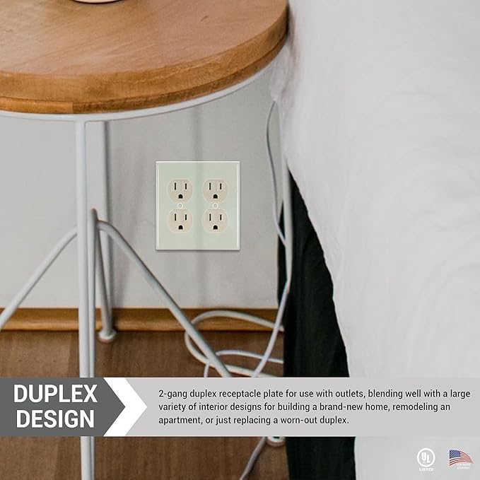 Diodesy- 2-Gang Duplex Receptacle Outlet Wall Plate Unbreakable Plastic Faceplate Cover Standard Size 4.6"H x 4.6"W with 2 Matching Metal Screws Almond Smooth Finish UL Listed Pack of 12