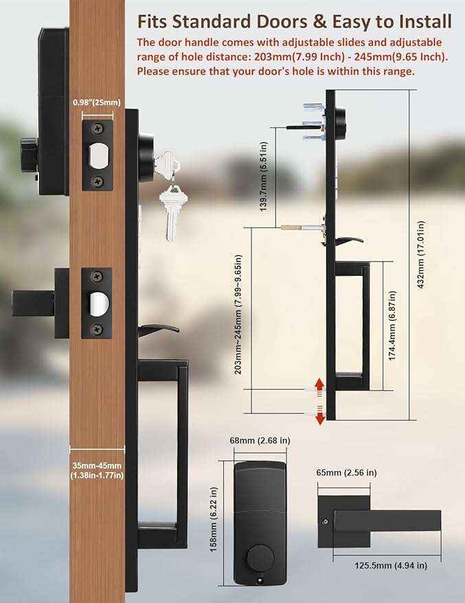 Keyless Entry Door Lock with Lever, Full Escutcheon Smart Door Handle, Digital Keypad Deadbolt with App, Front Door Handleset with Single Cylinder Deadbolt and Lever, Auto Locking, Black Finish