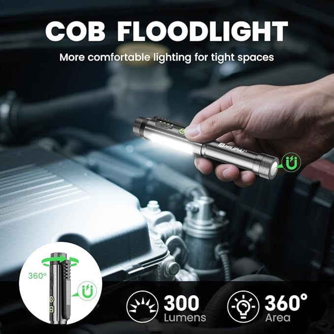 Magnetic Rechargeable Pen Light - 600 Lumen Dimmable EDC Flashlight, IPX4 Waterproof Work Light with Clip & COB LED for Mechanics, Nurses, Emergency(Grey)