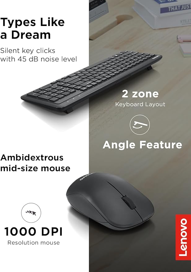 Lenovo 300 Wireless Combo Keyboard and Mouse, 2.4 GHz Nano USB-A Receiver, Batteries Included