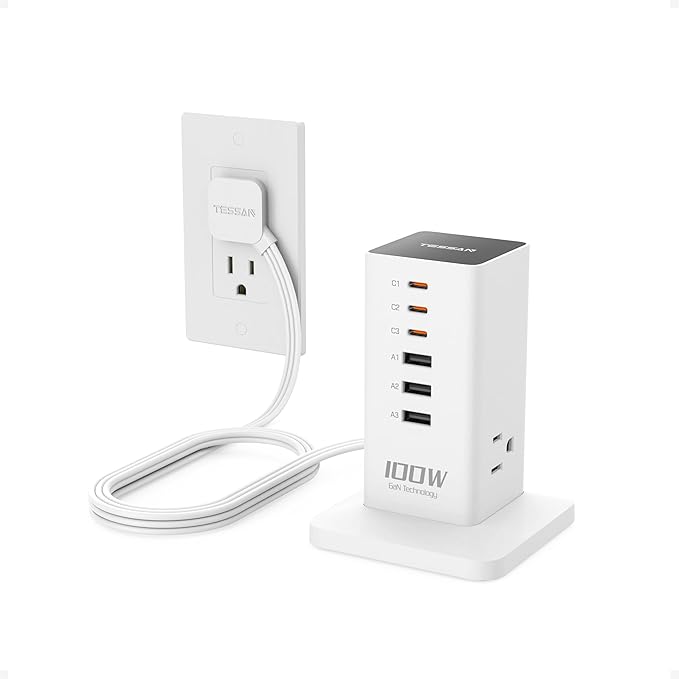 Charging Station PD 100W, TESSAN 9-in-1 USB C Power Strip for iPhone 16/15, MacBook, Tablet, Desktop Phone Fast Charger with 3 AC, 3 USB-A Ports, Home Drom Office Accessories, White