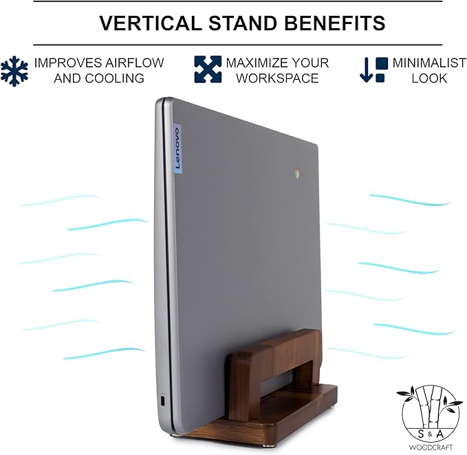 S&A WOODCRAFT Brown Acacia Wood Vertical Laptop Stand, Adjustable Wooden Laptop Holder, Non-Slip Laptop Dock Compatible with Apple MacBook, Microsoft Surface, Gaming Laptops, IPad, Tablets