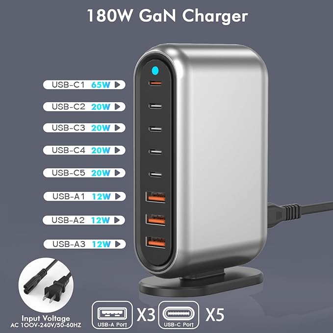USB C Charger Block, 180W GaN 8-Port Fast Charging Station Hub for iPhone 15 14 13 12 Pro Max iPad, Galaxy S23/22 PD 65W Laptop Charger Adapter Compatible with MacBook Pro/Air,DELL,Steam Deck Multiple