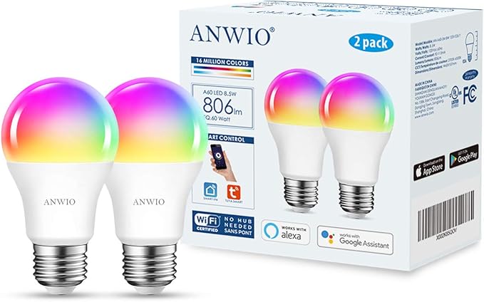 ANWIO 2-Pack Smart Light Bulbs 8.5W (60W Replacement) A19 E26 LED Bulb Work with Alexa, Google Assistant, Smart Life App, Tuya App, Color Changing, No Hub Required