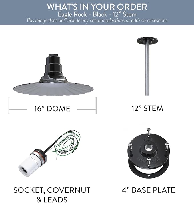 Steel Lighting Co. Eagle Rock Pendant | Ceiling Mounted Light | 16 inch Radial Wave | 12 inch Stem | Heavy Duty Steel Retro Farmhouse Style Made in America | Black Exterior/White Interior