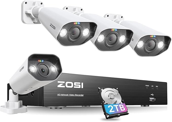 ZOSI 8CH 4K Spotlight Home PoE Security Camera System,8 Ports 16CH 8MP NVR with 2TB HDD,4 x 5MP Outdoor PoE IP Cameras,Person Vehicle Detection,2-Way Audio,Night Vision,Sound Alarm,for 24-7 Recording