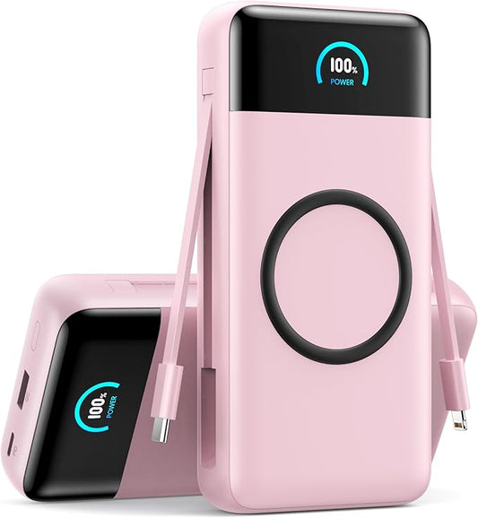 Wireless Portable Charger 40800mAh with Built-in Cables, 15W Wireless Charging USB C Power Bank, 25W PD QC 4.0 5 Outputs TFT LCD Display Battery Pack for iPhone 16/15/14/13/12, Samsung, Android etc