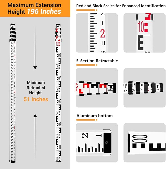 Takamine 16-Foot Aluminum Grade Rod – 8ths, Dual Sided 5-Section Telescopic Leveling Rod – Soft Carrying Case Included