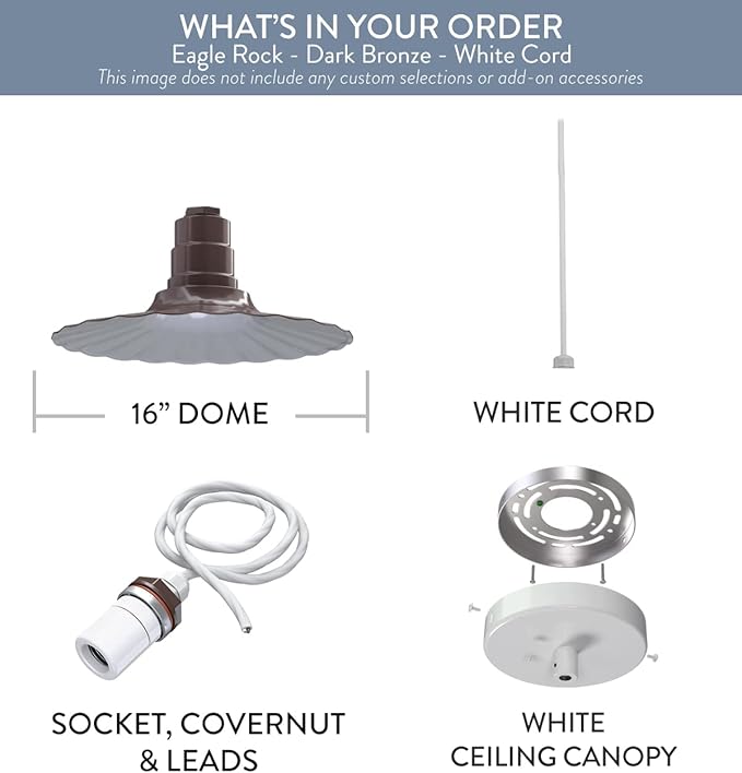 Steel Lighting Co. Eagle Rock Pendant | Ceiling Mounted Light | 16 inch Radial Wave | White Cord | Heavy Duty Steel Retro Farmhouse Style Made in America | Dark Bronze Exterior/White Interior