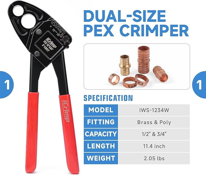iCrimp ICP-1234AH PEX Crimping Tool Kit - 1/2-in & 3/4-in Copper Crimp Rings, Dual Size Crimper, PEX Removal Tool and Pipe Cutter - Meets ASTM F1807 Standard
