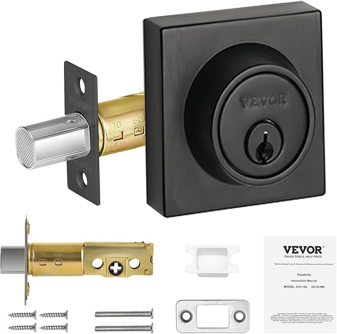 VEVOR Deadbolt Lock, Square Single Cylinder Dead Bolt, Keyed 1 Side, Fits Standard Size Interior and Exterior Doors, Full Metal, with 3 Keys, for Front Entry Door Residential Security, Matte Black