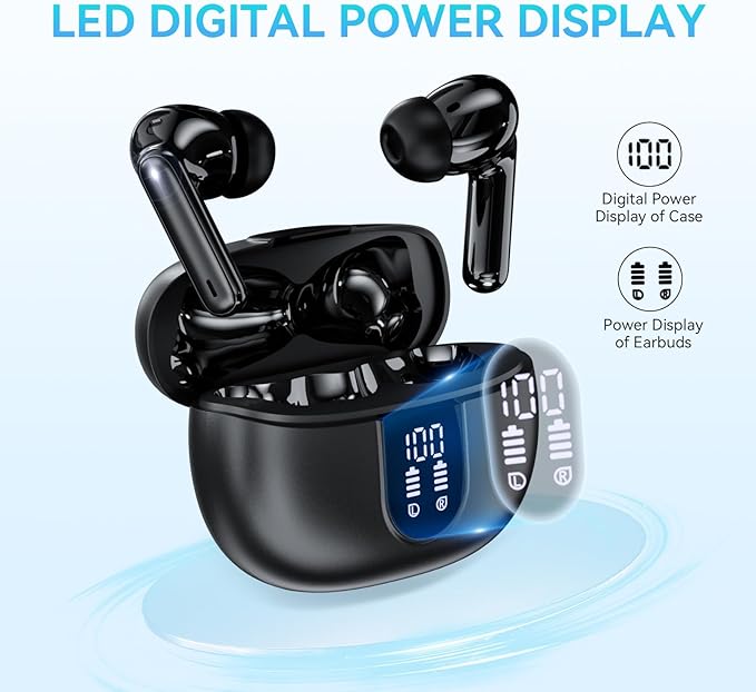Wireless Earbuds, Bluetooth 5.3 Headphones 40Hrs Playtime Deep Bass Stereo in-Ear Earbud, LED Power Display, Call Noise Canceling Headphones with Mic, IP7 Waterproof Earphones for IOS Android Black