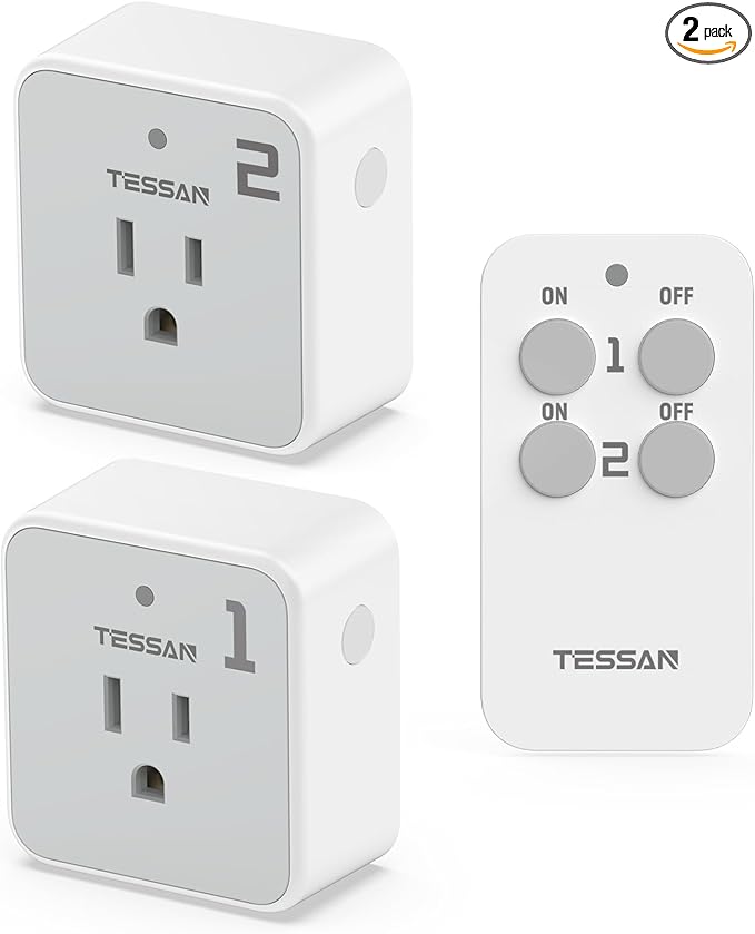 Remote Control Outlet Plug, TESSAN Wireless Light Switch Kit 100ft RF Range, On Off Switch for String Lights, Lamps, Small Appliances, Wireless Power Socket, 15A/1875W (1 Remote and 2 Outlets)