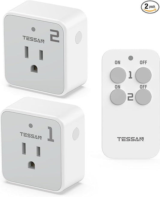 Remote Control Outlet Plug, TESSAN Wireless Light Switch Kit 100ft RF Range, On Off Switch for String Lights, Lamps, Small Appliances, Wireless Power Socket, 15A/1875W (1 Remote and 2 Outlets)