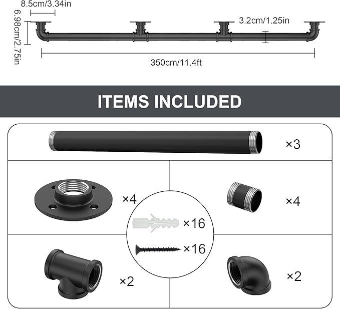 Willstar 11.4FT Industrial Staircase Handrail Non-Slip Pipe Bar Foot Rail Wall Mount Stair Rail Vintage Grab Bar for Steps Black Iron Pipe Handrail for Outdoor Indoor Stairs Loft Porch Hand Rail