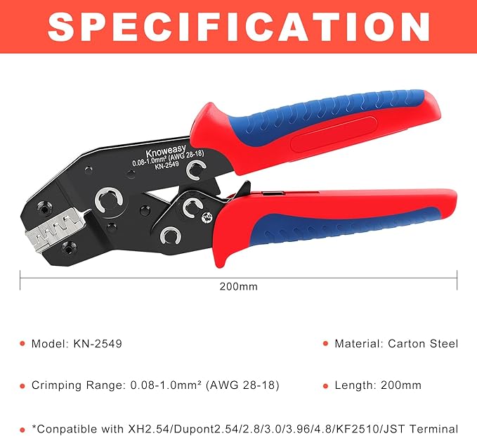 Knoweasy KN-2549 Precision Crimper Tool - Compatible with JST, Molex, Dupont Terminals - Ergonomic Wire Crimping Tool for Efficient Harness, Connectors, and Electrical Repair