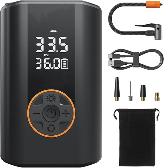 Tire Inflator Portable Air Compressor - Cordless Air Pump with Digital Tire Pressure Gauge, 3X Fast Inflation, Accurate Dual LCD Display & LED Light for Car Motorcycle E-Bike Ball