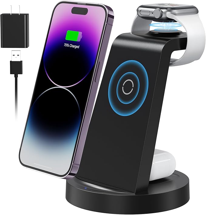 3 in 1 Charging Station for Apple Device, Wireless Charger for iPhone 16e 16 15 14 13 12 11 Pro Max & Apple Watch iwatch- Charging Stand Dock for AirPods