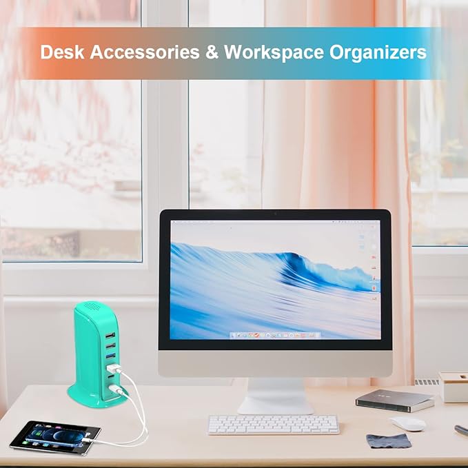 USB Charger Block Upoy, Charging Station for Multiple Devices Apple, USB Hub Power Strip Multiple Ports, Power Block Adapter for Phone, Tablet, Ear Buds, C Charger Block with 5ft Extension Cord