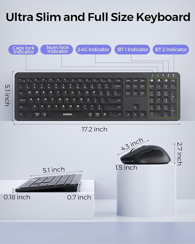seenda Bluetooth Keyboard and Mouse, Wireless Keyboard Mouse Combo 2.4G+Dual Bluetooth Multi-Device Connection Full Size Ultra-Slim Keyboard with Number Pad for Windows/Mac, Black