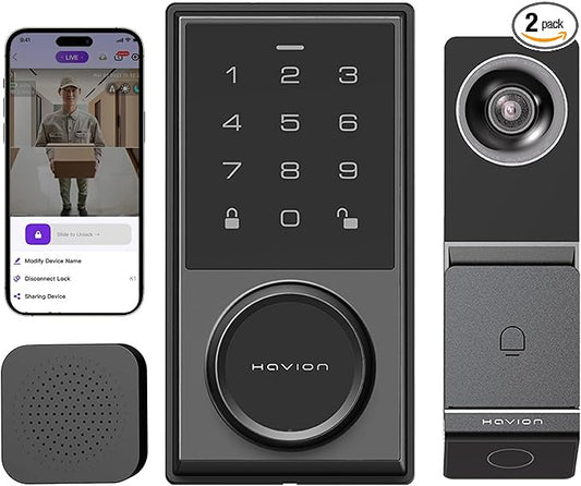 Wireless Video Doorbell w/Smart Lock Set - Incl. Chime, Dual Cameras, 5MP 3K QHD, 2'' Screen & 32GB eMMC, Motion Detection & Real-time Alert, 2-Way Audio, Door Bell and Keyless Entry Front Door Lock