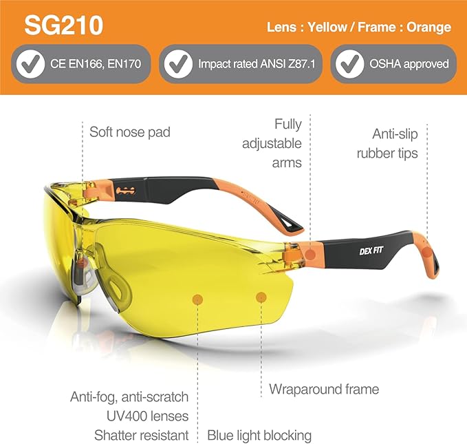 DEX FIT Safety Glasses SG210, Z87 Eye Protection, Anti-Fog & Scratch Resistant, Adjustable for Women and Men, Blue Light Blocking & UV Protection (Black & Orange Frame, Yellow Lens)