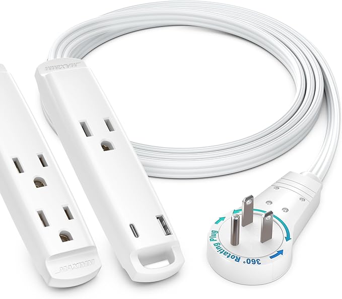 Maximm 360° Rotating Flat Plug Extension Cord 3-Outlet with USB-C and USB-A Ports 1FT, 3-Prong Flat Wire 16AWG, UL Certified (White)