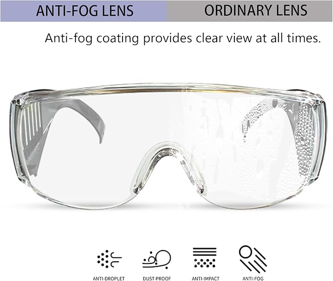 JING LEI Anti Fog Safety Glasses, Safety Goggles Over Eyeglasses, Anti Dust Impact Scratch Resistant Splash Proof Chemical Wrap Around Eye Protection for Lab Nurses Workers Architect Men and Women