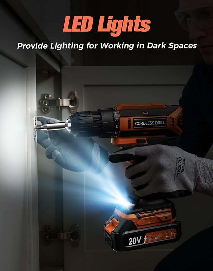 Cordless Drill, 20V MAX Power Drill Set with Dual Power Pack & Charger, 3/8 Inch Keyless Chuck, Variable Speed, 25+1 Position and 56PCS Bits/Screws, Power Tools for Home Projects