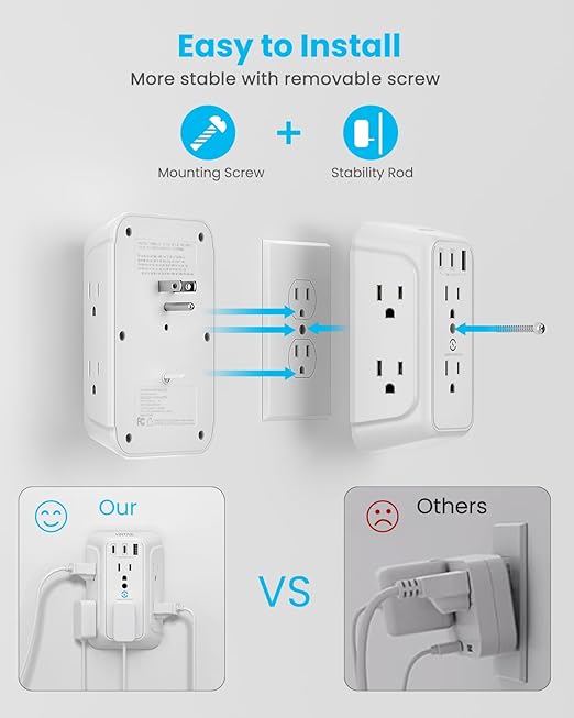 [2-Pack] Surge Protector Outlet Extender, VINTAR 6 Outlet Splitter with 3 USB Charging Ports (2 USB C),900J Multi Plug Outlet Power Strip, 3-Sided Usb Wall Charger for Home Office Dorm Room Essentials