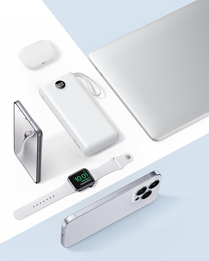 VRURC Portable Charger with Built in Cables 20000mAh, 22.5W Fast Charging USB C Power Bank,LED Display Charging Back with 4 Output 2 Input for iPhone 15/14/13/Pro,Samsung,Android-White(1 Pack)