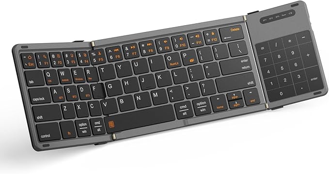 Foldable Bluetooth Keyboard, Portable Full Size Folding Keyboard with Touchpad, Numeric Keypad, PU Leather, Wireless TravelKeyboard for Windows Android Mac(Sync up to 3 Devices)