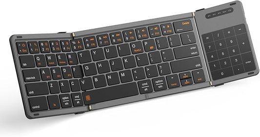 Foldable Bluetooth Keyboard, Portable Full Size Folding Keyboard with Touchpad, Numeric Keypad, PU Leather, Wireless TravelKeyboard for Windows Android Mac(Sync up to 3 Devices)