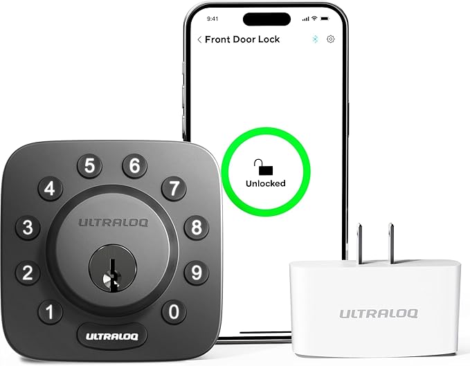 Smart Lock, ULTRALOQ U-Bolt + Bridge WiFi Adaptor, 5-in-1 Keyless Entry Door Lock with WiFi, App, Bluetooth and Keypad, Locks for Front Door, Deadbolt, ANSI Grade 1 Certified - Black
