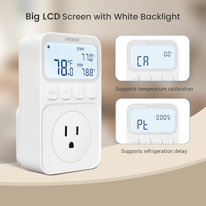 INKBIRD Digital Thermostat Outlet Temperature Controller Outlet Socket Heating/Cooling Control 1200W 10A Backlit Display