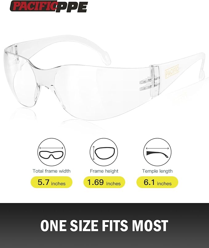 PACIFIC PPE 18 Pack Safety Glasses for Men and Women, ANSI Z87 Protective Eyewear with Scratch Resistant Clear Wraparound Lenses, Adjustable Goggles for Lab, Work and Shooting