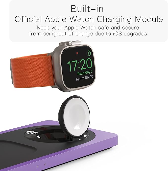 PETINO Mag-Safe Charger Stand, 3-in-1 Magnetic Wireless Charging Station for Apple Devices, iPhone 15/14/13/12 Series, Apple Watch, AirPods Pro (Purple)