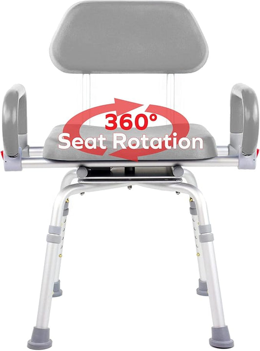 Platinum Health Revolution Pivoting Shower Chair for Bathtub, Adjustable Swivel Seat with Padded Back and Arms, Adjustable Space Saving Design for Tubs, Shower, for Elderly, Handicap & Seniors, Gray