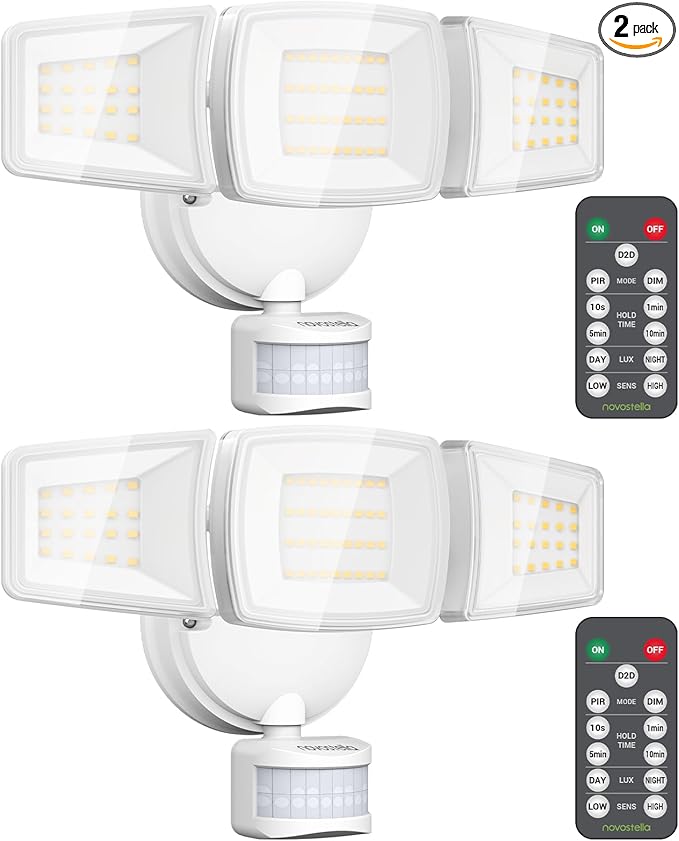 NOVOSTELLA Security Lights Motion Sensor Outdoor, 2Pack LED Flood Lights with Remote, Dusk to Dawn 45W 5000lm 5000K, 3 Heads Wired Wall Adjustable Floodlights, IP65 Waterproof for Garage Yard House