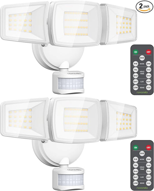 NOVOSTELLA Security Lights Motion Sensor Outdoor, 2Pack LED Flood Lights with Remote, Dusk to Dawn 45W 5000lm 5000K, 3 Heads Wired Wall Adjustable Floodlights, IP65 Waterproof for Garage Yard House