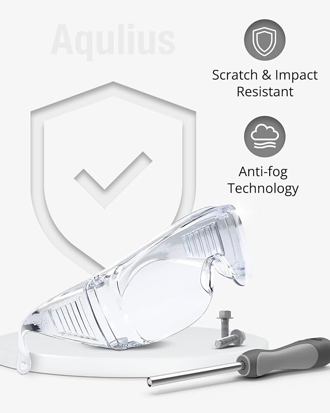 Aqulius Over Glasses Safety Glasses & Safety Goggles - 12-Pack, Clear Polycarbonate - Anti-Fog & Scratch-Resistant Bulk Eye Protection for Sanding & Shooting - ANSI Z87+ Rated Side Shields