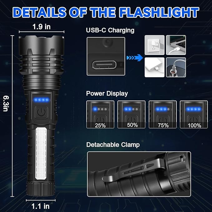 3Pack Rechargeable Flashlights, 7Mode Flashlights High Lumens L2000, Super Bright LED Flashlight, Adjustable Tactical Flash Light, High Powered Flash Light, Handheld Flashlight for Home Emergency