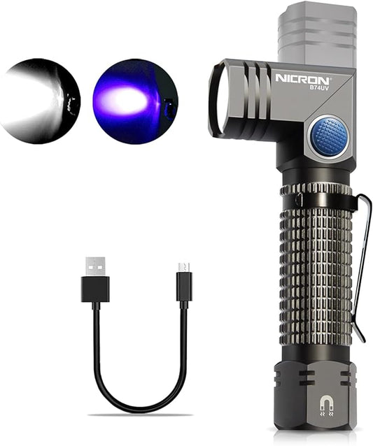 NICRON B74U Blacklight Torch 395nm UV Ultraviolet 90 Degree Adjustable-Head, Pocket Clip, Magnetic Base, 6 Modes Flashlight for Urine Stain Detector